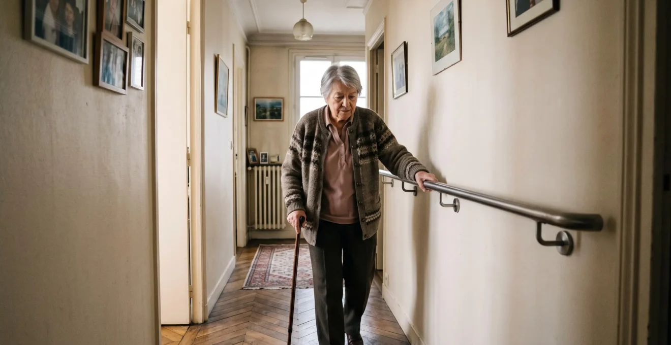 Une femme âgée se déplace dans le couloir de son appartement en s'appuyant sur une barre d'appui murale adaptée.