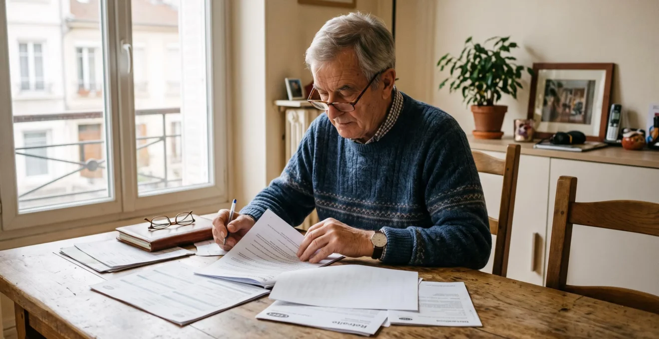 Un homme âgé examine attentivement des documents administratifs relatifs à sa retraite sur la table de sa salle à manger.